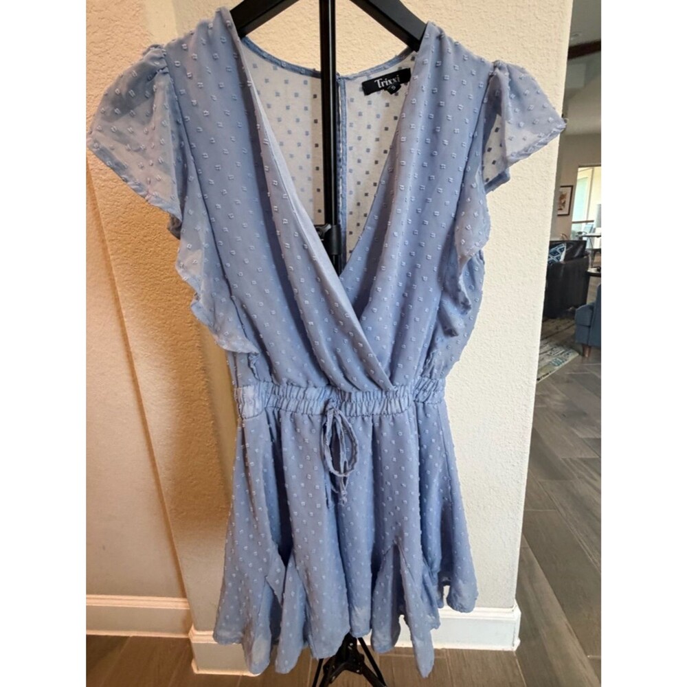 Trixxi Blue Swiss Dot Romper Flutter Sleeve Wrap V-Neck Ruffle Hem Summer S